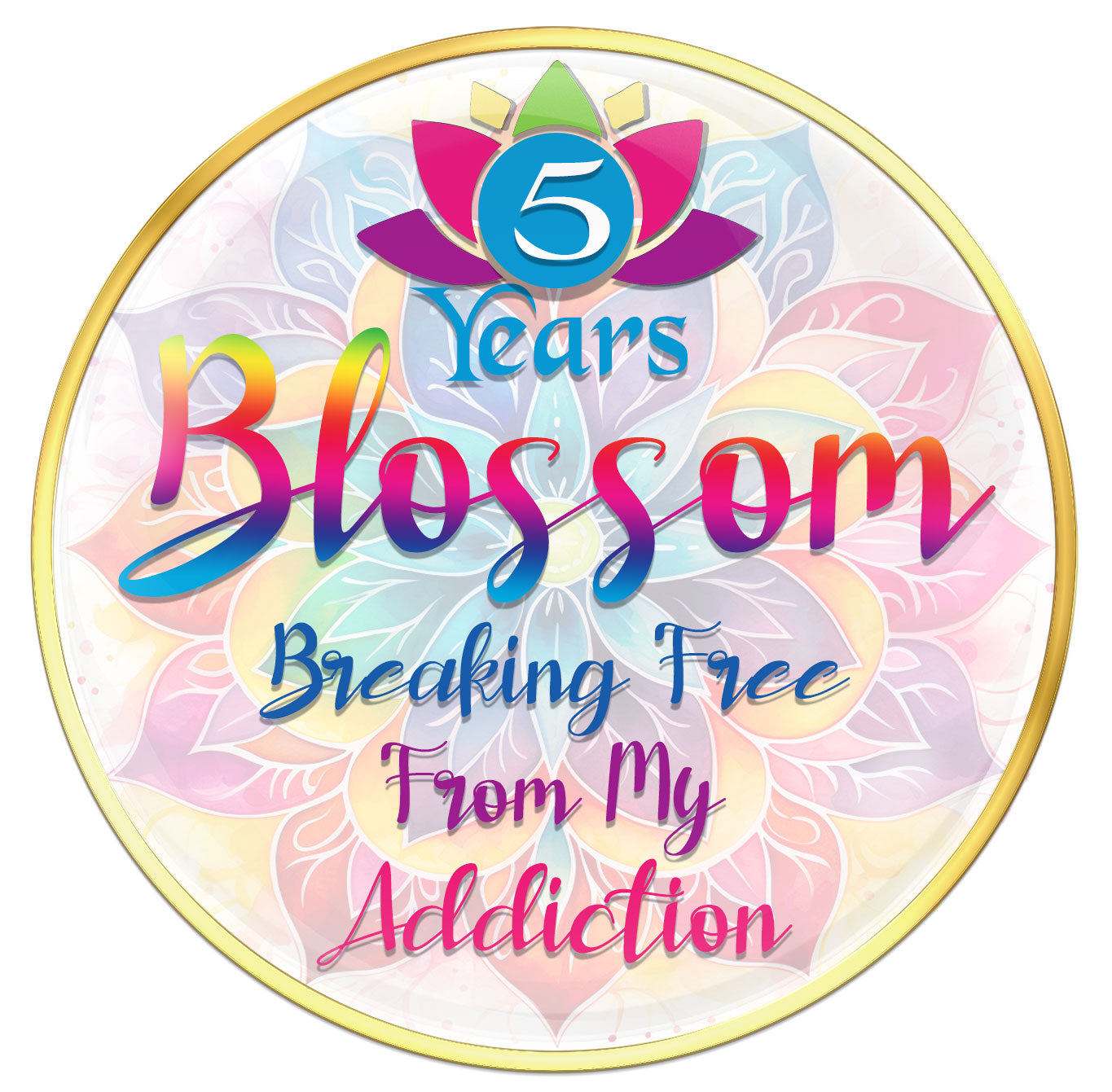 5 year Lotus blossom recovery medallion with vibrant colors of blue, pink, purple, red, and yellow in each pedal of the flower in a silhouette background that matches the front of the medallion, the year and words breaking free of my addictions in the colors of the blossom.