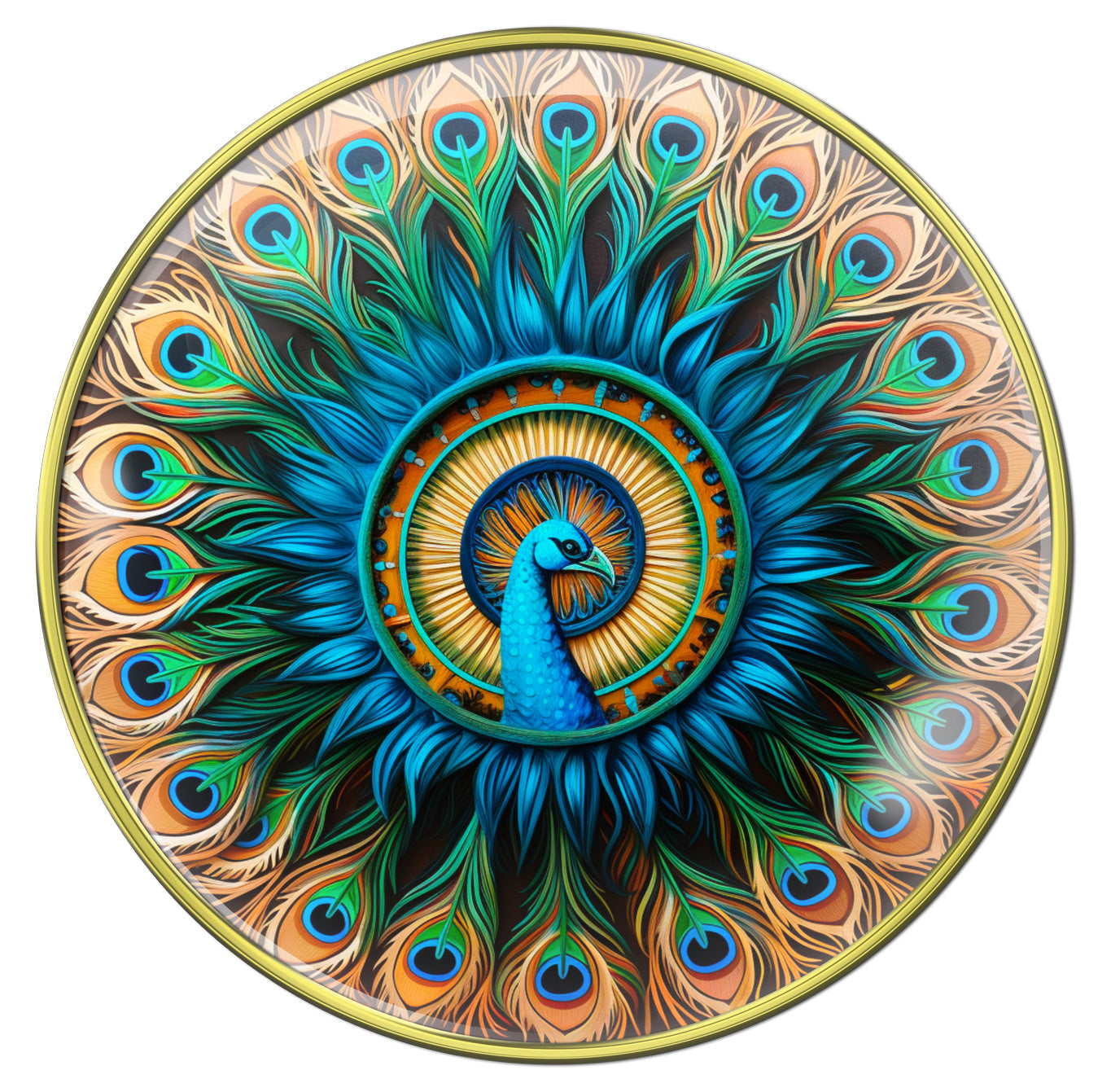 Peacock recovery medallion with the feathers in beautiful bright colors that fill the medallion, sealed with resin.