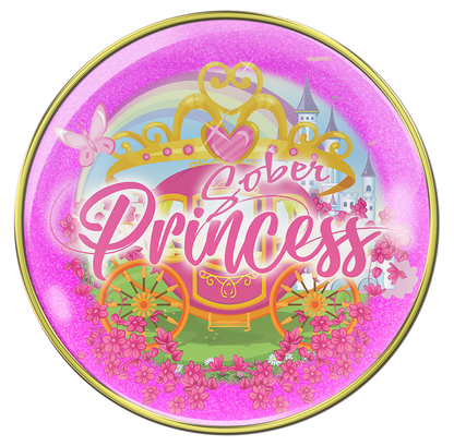 Sober princess AA medallion with a pink and gold carriage, set on grass with pink flowers, a castle in the back ground with a pink rainbow above it all, the crown has one big pink heart in the center and 3 pink dots on either side, calling all sober princess.