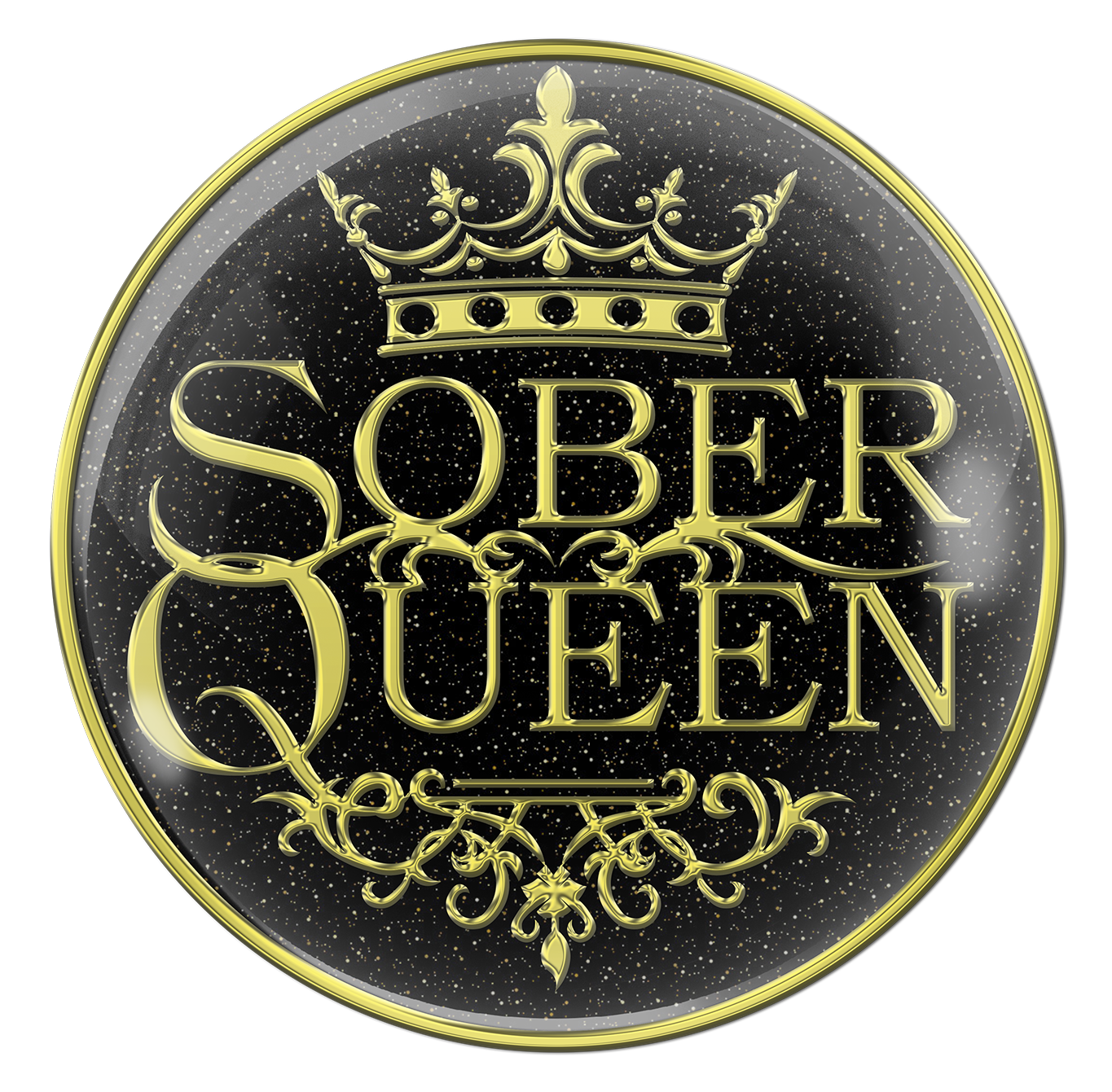 AA medallion black with silver flakes, a gold crown at the top with sober queen in the center and design at the bottom, all gold is embossed with 14k gold-plated brass, sealed with resin.