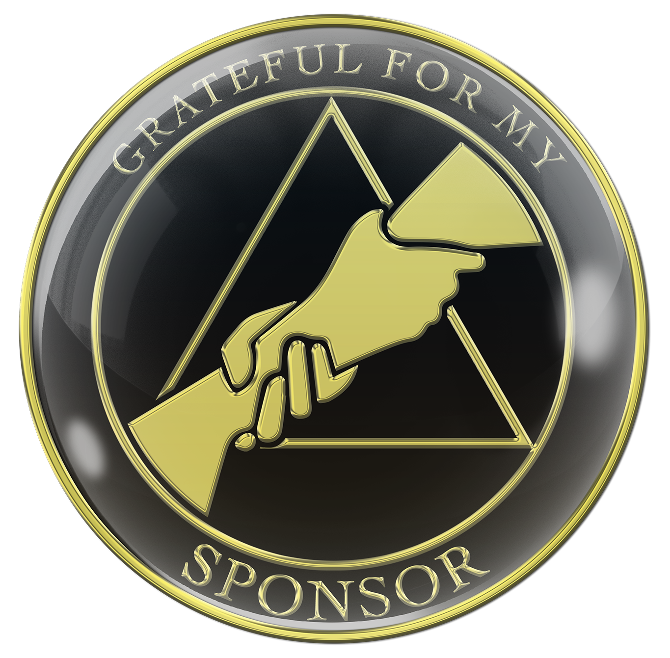 AA medallion black onyx with a triangle and two hands joined, grateful for my at the top and sponsor at the bottom, embossed with 14k gold-plated brass and sealed with resin for a glossy finish.