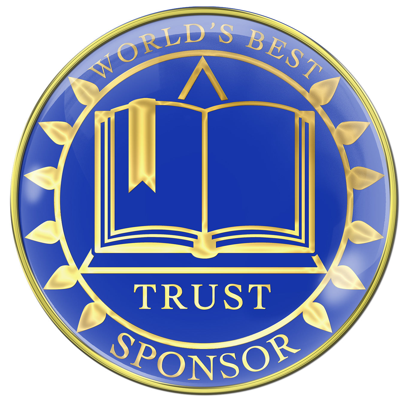AA recovery medallion Big Book blue with parcel leaf halo around a open book over a triangle with the word trust underneath and worlds best at the top and sponsor at the bottom, embossed with 14k gold-plated brass and sealed with resin for a glossy finish.