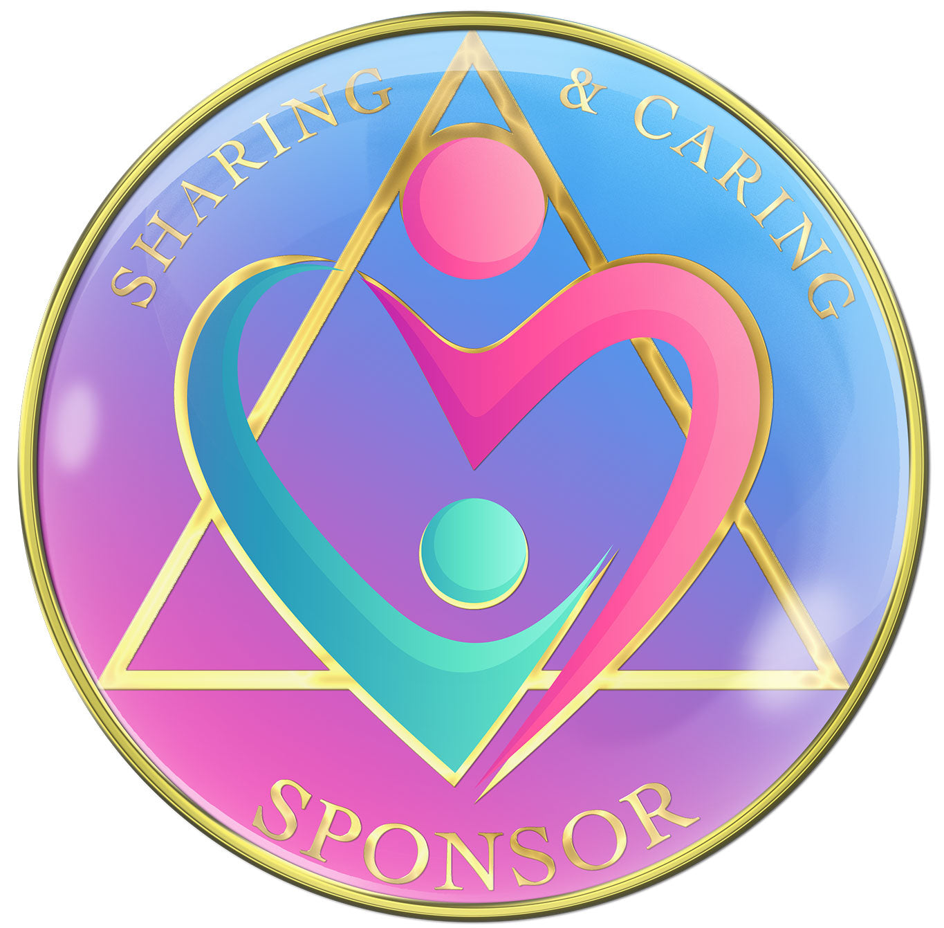 AA Recovery medallion for a sponsor with a gold triangle and a pink and teal heart, medallion is blue faded into pink with sharing and caring at the top and sponsor at the bottom, sealed with resin for a glossy finish.