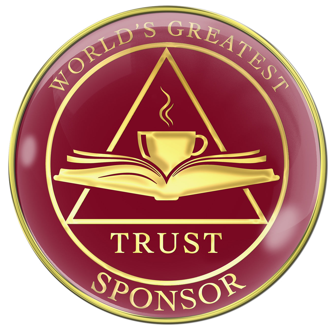 AA medallion Ruby red with a triangle, and open book with a coffee cup overlapping with the word trust at the bottom.
