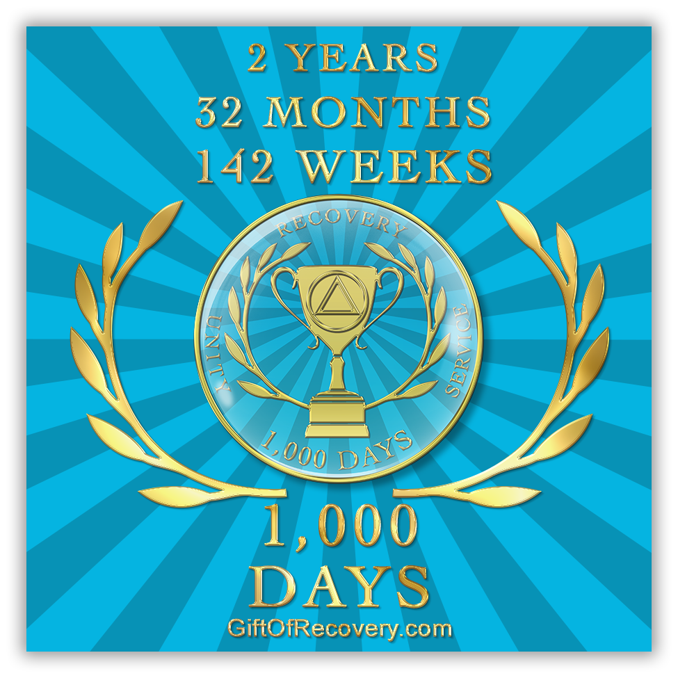AA recovery medallion Aquamarine blue with a trophy cup in the center with an AA symbol on it and Greek leaves on either side, unity, recovery, service, and 1,000 days going around it all, with blue and aqua rays, sealed with resin for a glossy finish, featured on a recovery is a gift 3x3 card that replicates the recovery medallion.