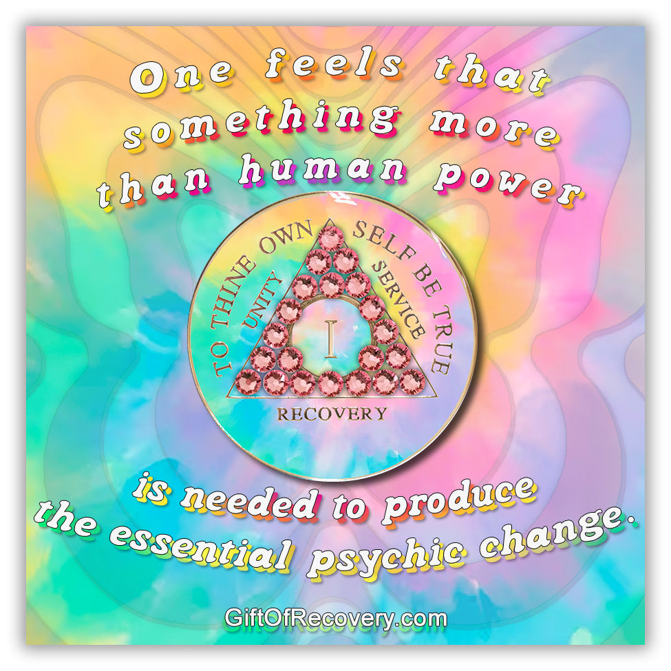 1 year AA medallion pastel tie-dye representing a psychic change that is needed in the recovery journey, with twenty-one light rose genuine crystals, pink, blue, yellow, and green, in the shape of the triangle, with the AA moto and roman numeral embossed in 14k gold-plated brass, the medallion is sealed with resin for a glossy, scratch free finish, and featured on a pastel tie-dye 3x3 card and a silhouette of butterflies, and words representing a psychic-delic change.
