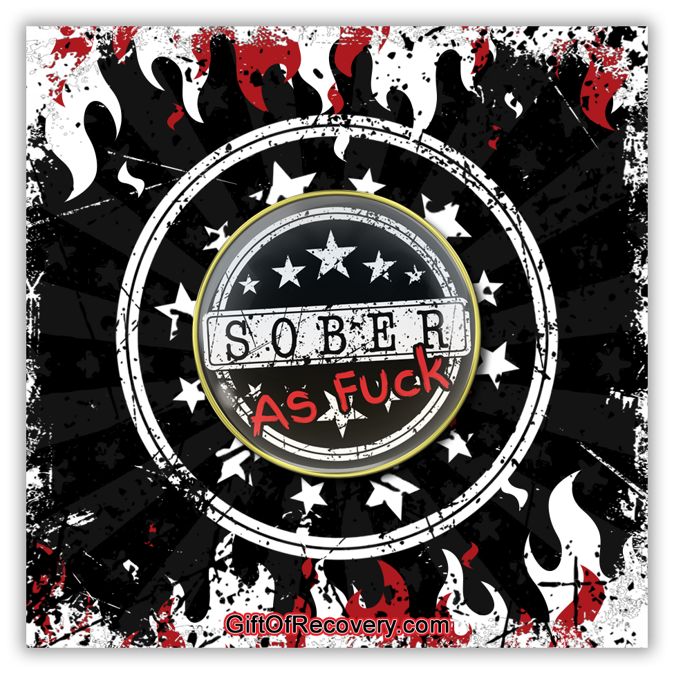 Sober as fuck AA medallion sober in black, as fuck in bold red, 5 stars above sober and 5 below, 14k gold-plated brass rim featured on a black 3x3 card white and red flames on the top and bottom, with a stamped depiction of the sober as fuck recovery medallion.