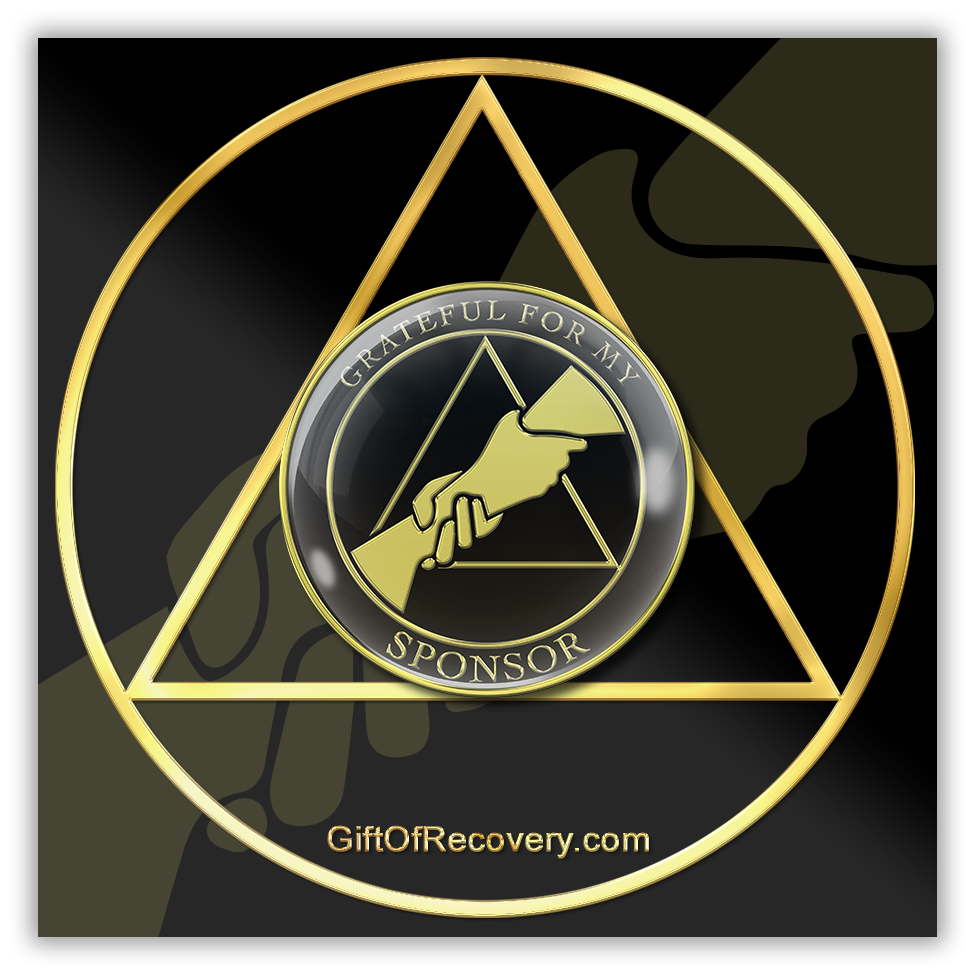 AA medallion black onyx with a triangle and two hands joined, grateful for my at the top and sponsor at the bottom, embossed with 14k gold-plated brass and sealed with resin for a glossy finish, featured on a recovery is a gift 3x3 card that replicates the recovery medallion.