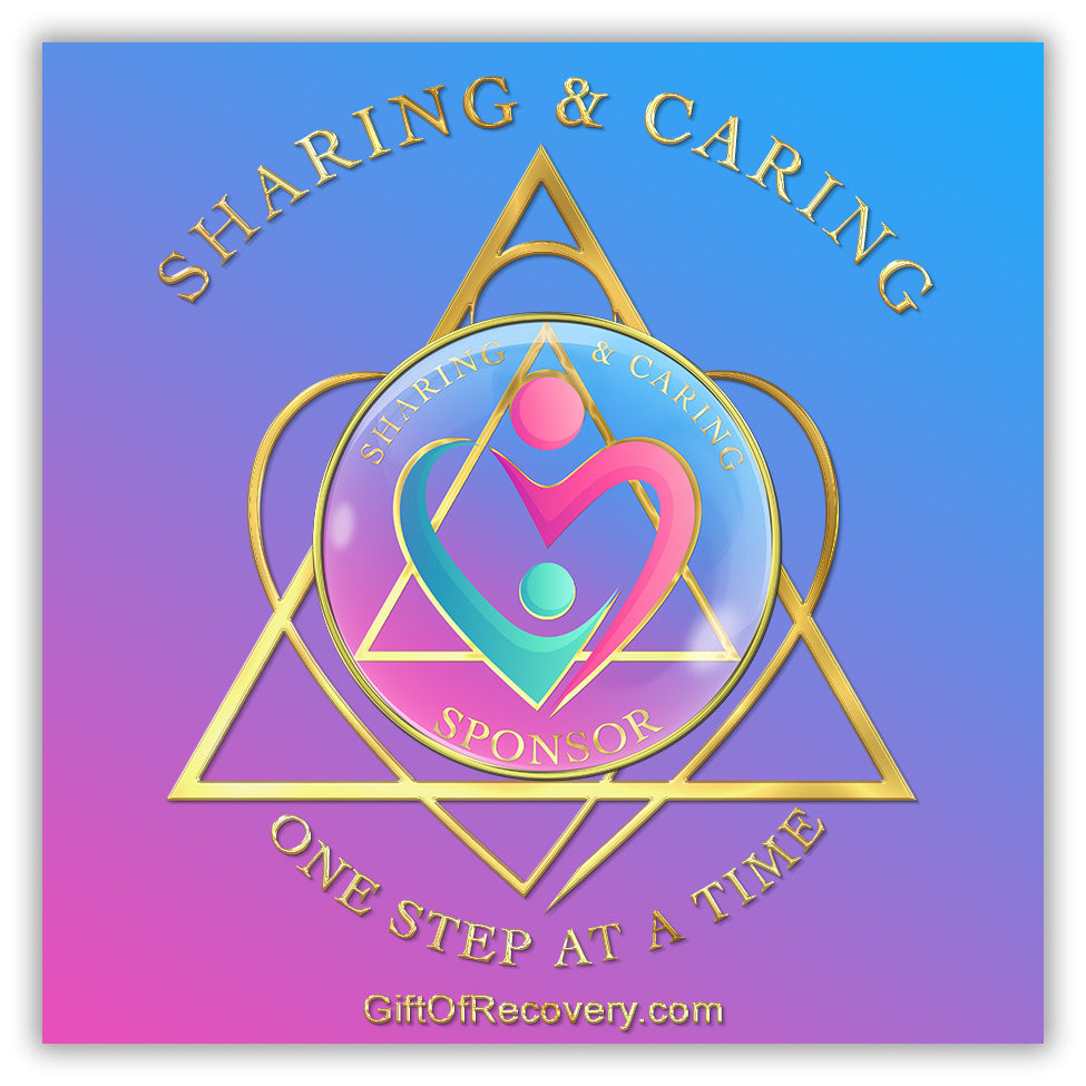 AA Recovery medallion for a sponsor with a gold triangle and a pink and teal heart, medallion is blue faded into pink with sharing and caring at the top and sponsor at the bottom, sealed with resin for a glossy finish featured on a recovery is a gift 3x3 card that replicates the medallion.