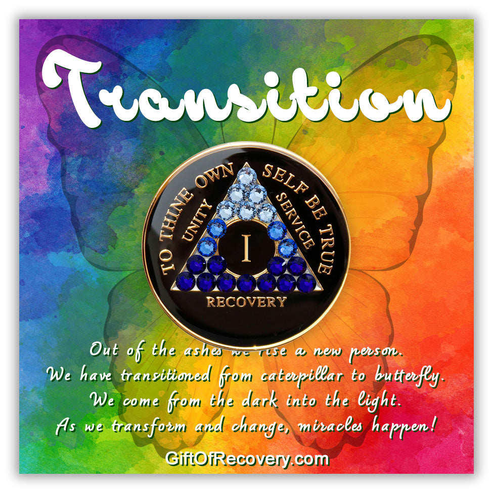 1 year AA medallion black onyx with 21 genuine crystals, symbolizing growth and transformation of recovery, the AA moto and roman numeral are embossed 14k gold-plated brass, sealed in a high-quality, chip and scratch-resistant resin giving it a beautiful glossy look that will last, Gift of recovery 3x3 bold water colored tie-dye card, with a silhouette of a butterfly in the center and a bold white AA circle triangle logo, and the word transition at the top and a transformation paragraph on the bottom.