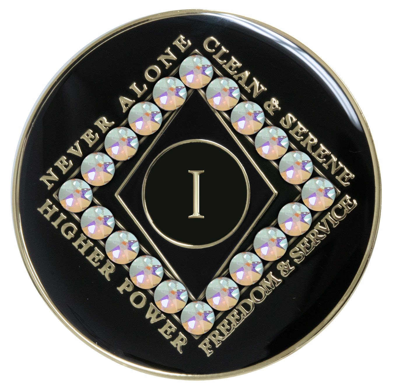 1 year black Onyx Clean time recovery medallion with a diamond shape within a diamond shape for a 3D effect, 20 Aurora Borealis genuine crystals form the outer diamond shape, never alone, clean & serene, Higher Power, freedom & service in 14k gold-plated brass, sealed with resin for a glossy finish that will last and is scratch proof.