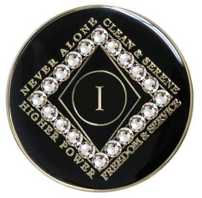 1 year black Onyx Clean time recovery medallion with a diamond shape within a diamond shape for a 3D effect, 20 diamond CZ genuine crystals form the outer diamond shape, never alone, clean & serene, Higher Power, freedom & service in 14k gold-plated brass, sealed with resin for a glossy finish that will last and is scratch proof.