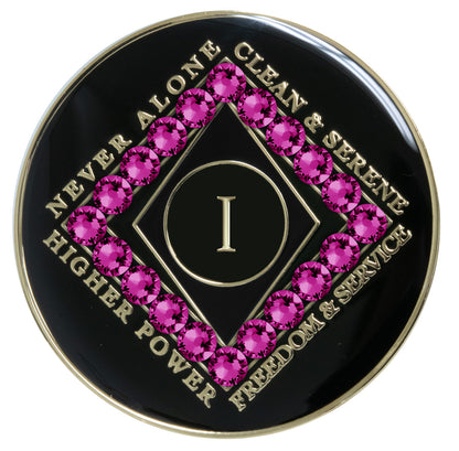 1 year black Onyx Clean time recovery medallion with a diamond shape within a diamond shape for a 3D effect, 20 Fuchsia CZ genuine crystals form the outer diamond shape, never alone, clean & serene, Higher Power, freedom & service in 14k gold-plated brass, sealed with resin for a glossy finish that will last and is scratch proof.