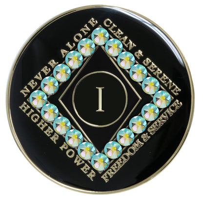 1 year black Onyx Clean time recovery medallion with a diamond shape within a diamond shape for a 3D effect, 20 Peridot CZ genuine crystals form the outer diamond shape, never alone, clean & serene, Higher Power, freedom & service in 14k gold-plated brass, sealed with resin for a glossy finish that will last and is scratch proof.