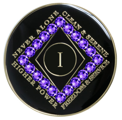 1 year black Onyx Clean time recovery medallion with a diamond shape within a diamond shape for a 3D effect, 20 purple velvet CZ genuine crystals form the outer diamond shape, never alone, clean & serene, Higher Power, freedom & service in 14k gold-plated brass, sealed with resin for a glossy finish that will last and is scratch proof.