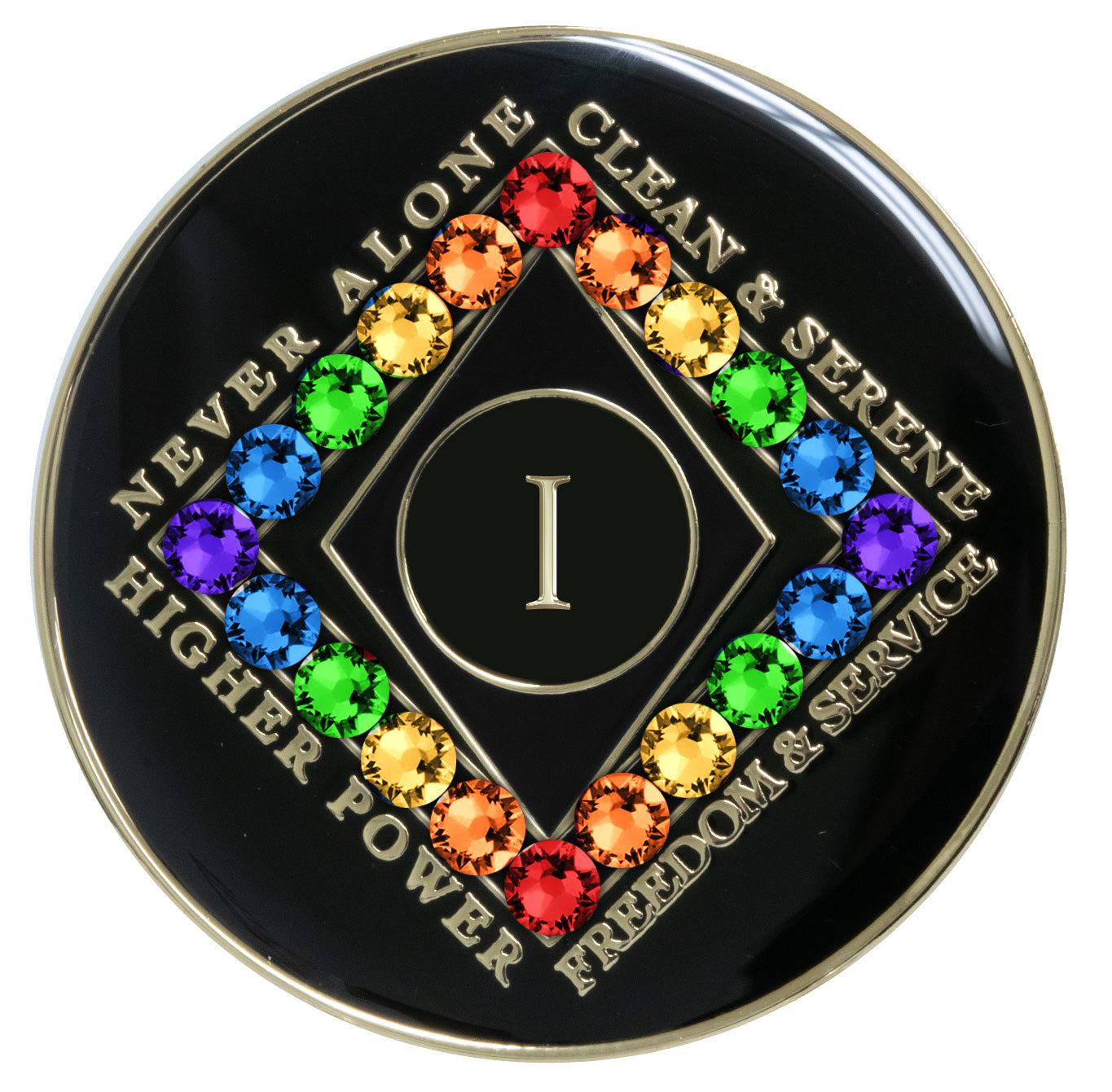 1 year black Onyx Clean time recovery medallion with a diamond shape within a diamond shape for a 3D effect, 20 rainbow CZ genuine crystals form the outer diamond shape, never alone, clean & serene, Higher Power, freedom & service in 14k gold-plated brass, sealed with resin for a glossy finish that will last and is scratch proof.