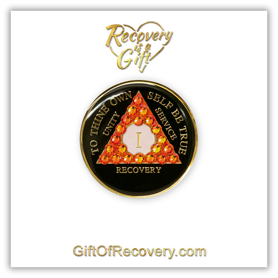 AA Recovery Medallion - Crystallized Orange Bling on Black