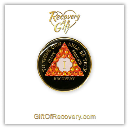 AA Recovery Medallion - Crystallized Orange Bling on Black