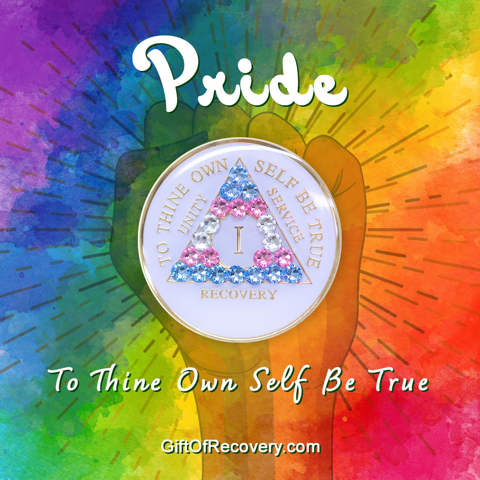 1 Year AA medallion pearl white with 21 genuine crystals that are the colors of the Transgender flag, to represent sobriety and pride for who you are, AA slogan and three legacies are embossed with 14k gold-plated brass and recovery medallion is sealed with resin for a glossy finish,featured on a tie-dye 3x3 card with a silhouette of a fist and to thine own self be true at the bottom in white, with pride at the top.