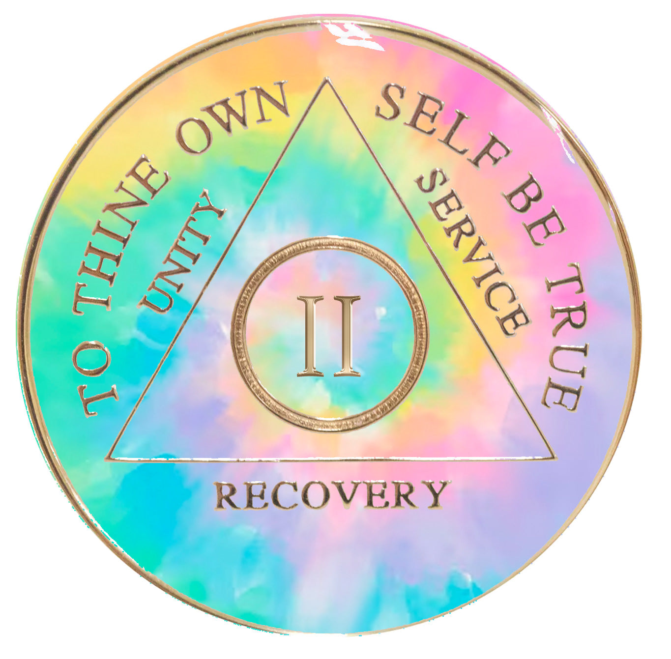 2 year AA psychic-delic change medallion is tie-dye in soft pink, yellow, purple, and blues with the circle, triangle, roman numeral, unity, service, recovery, and to thine own self be true embossed in 14k gold, and the tie-dye representing change.