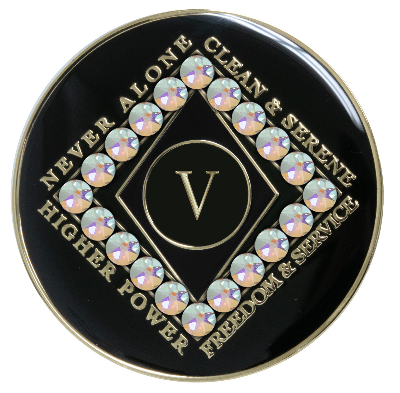 5 year black Onyx Clean time recovery medallion with a diamond shape within a diamond shape for a 3D effect, 20 Aurora Borealis genuine crystals form the outer diamond shape, never alone, clean & serene, Higher Power, freedom & service in 14k gold-plated brass, sealed with resin for a glossy finish that will last and is scratch proof.