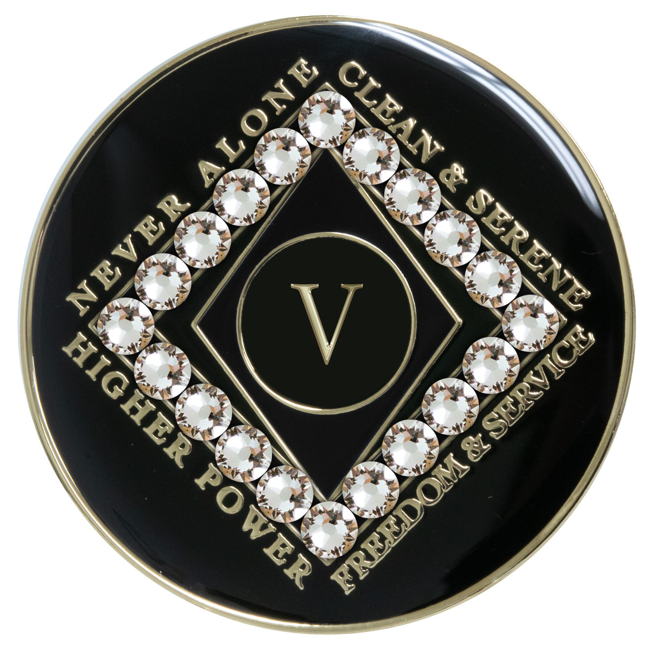 5 year black Onyx Clean time recovery medallion with a diamond shape within a diamond shape for a 3D effect, 20 diamond CZ genuine crystals form the outer diamond shape, never alone, clean & serene, Higher Power, freedom & service in 14k gold-plated brass, sealed with resin for a glossy finish that will last and is scratch proof.