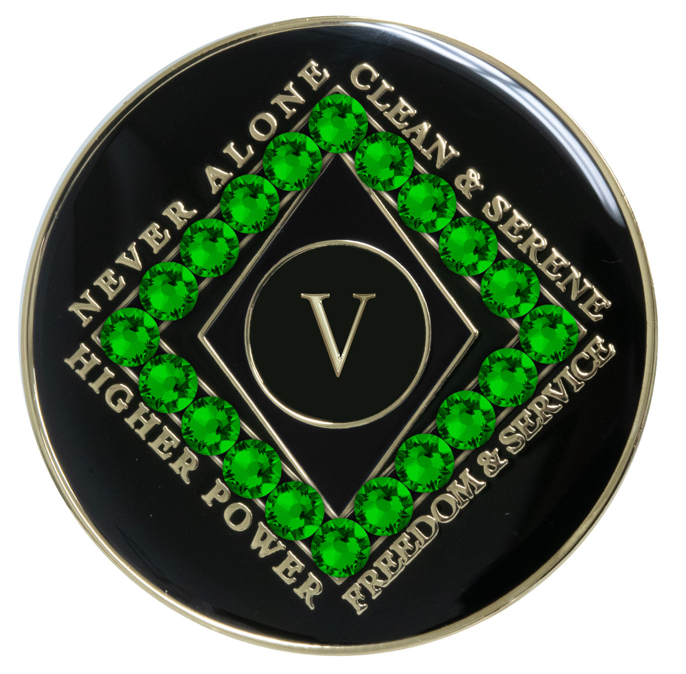 5 year black Onyx Clean time recovery medallion with a diamond shape within a diamond shape for a 3D effect, 20 Fern green CZ genuine crystals form the outer diamond shape, never alone, clean & serene, Higher Power, freedom & service in 14k gold-plated brass, sealed with resin for a glossy finish that will last and is scratch proof.