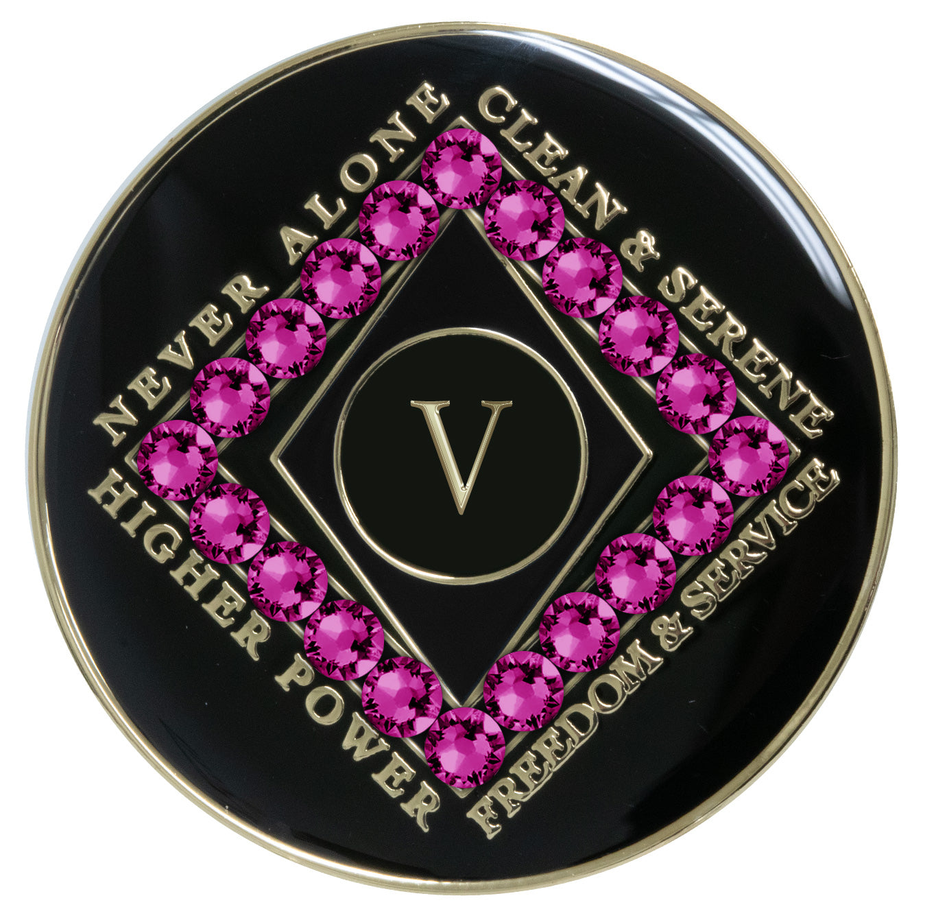 5 year black Onyx Clean time recovery medallion with a diamond shape within a diamond shape for a 3D effect, 20 Fuchsia CZ genuine crystals form the outer diamond shape, never alone, clean & serene, Higher Power, freedom & service in 14k gold-plated brass, sealed with resin for a glossy finish that will last and is scratch proof.