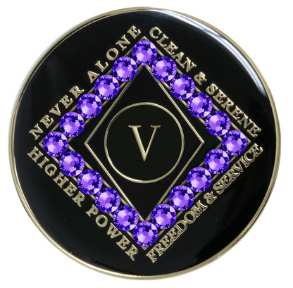 5 year black Onyx Clean time recovery medallion with a diamond shape within a diamond shape for a 3D effect, 20 purple velvet CZ genuine crystals form the outer diamond shape, never alone, clean & serene, Higher Power, freedom & service in 14k gold-plated brass, sealed with resin for a glossy finish that will last and is scratch proof.