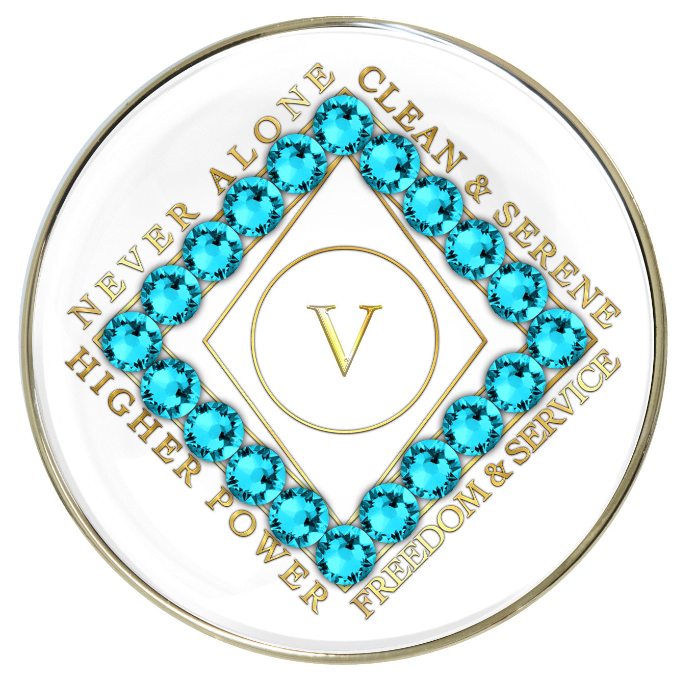 White Clean Time Recovery Medallion with Aqua Zircon Crystals