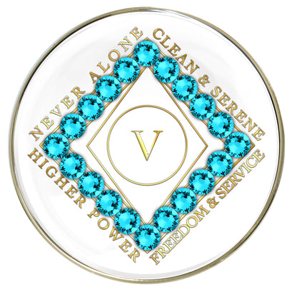 White Clean Time Recovery Medallion with Aqua Zircon Crystals