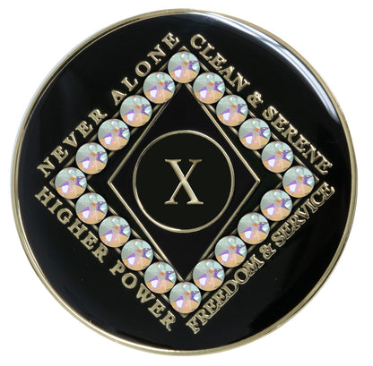 10 year black Onyx Clean time recovery medallion with a diamond shape within a diamond shape for a 3D effect, 20 Aurora Borealis genuine crystals form the outer diamond shape, never alone, clean & serene, Higher Power, freedom & service in 14k gold-plated brass, sealed with resin for a glossy finish that will last and is scratch proof.