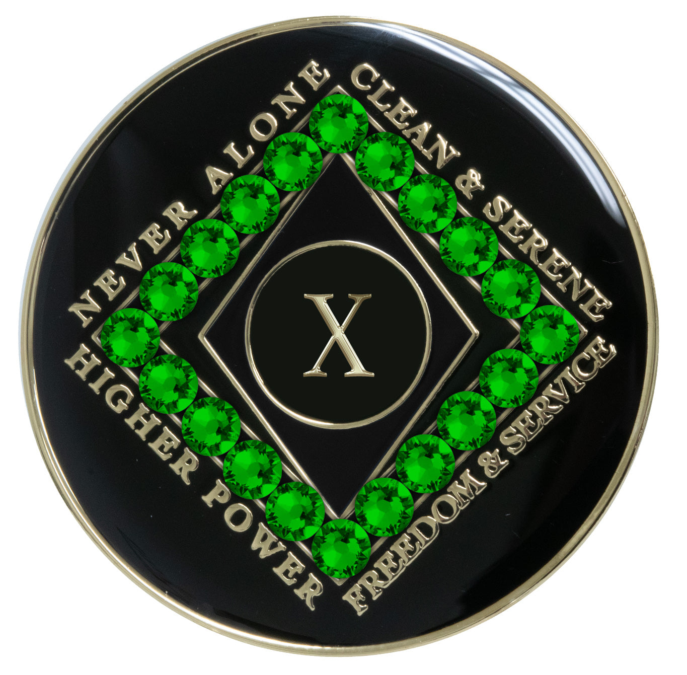 10 year black Onyx Clean time recovery medallion with a diamond shape within a diamond shape for a 3D effect, 20 Fern green CZ genuine crystals form the outer diamond shape, never alone, clean & serene, Higher Power, freedom & service in 14k gold-plated brass, sealed with resin for a glossy finish that will last and is scratch proof.