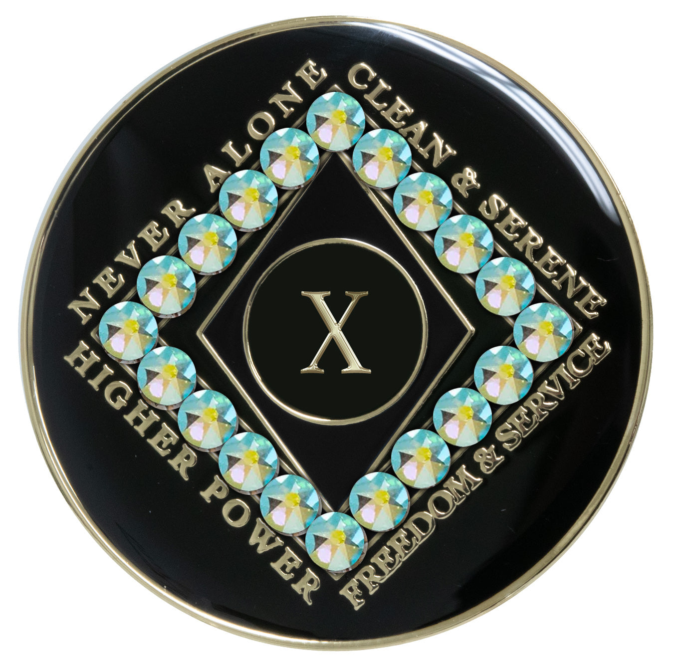 10 year black Onyx Clean time recovery medallion with a diamond shape within a diamond shape for a 3D effect, 20 Peridot CZ genuine crystals form the outer diamond shape, never alone, clean & serene, Higher Power, freedom & service in 14k gold-plated brass, sealed with resin for a glossy finish that will last and is scratch proof.