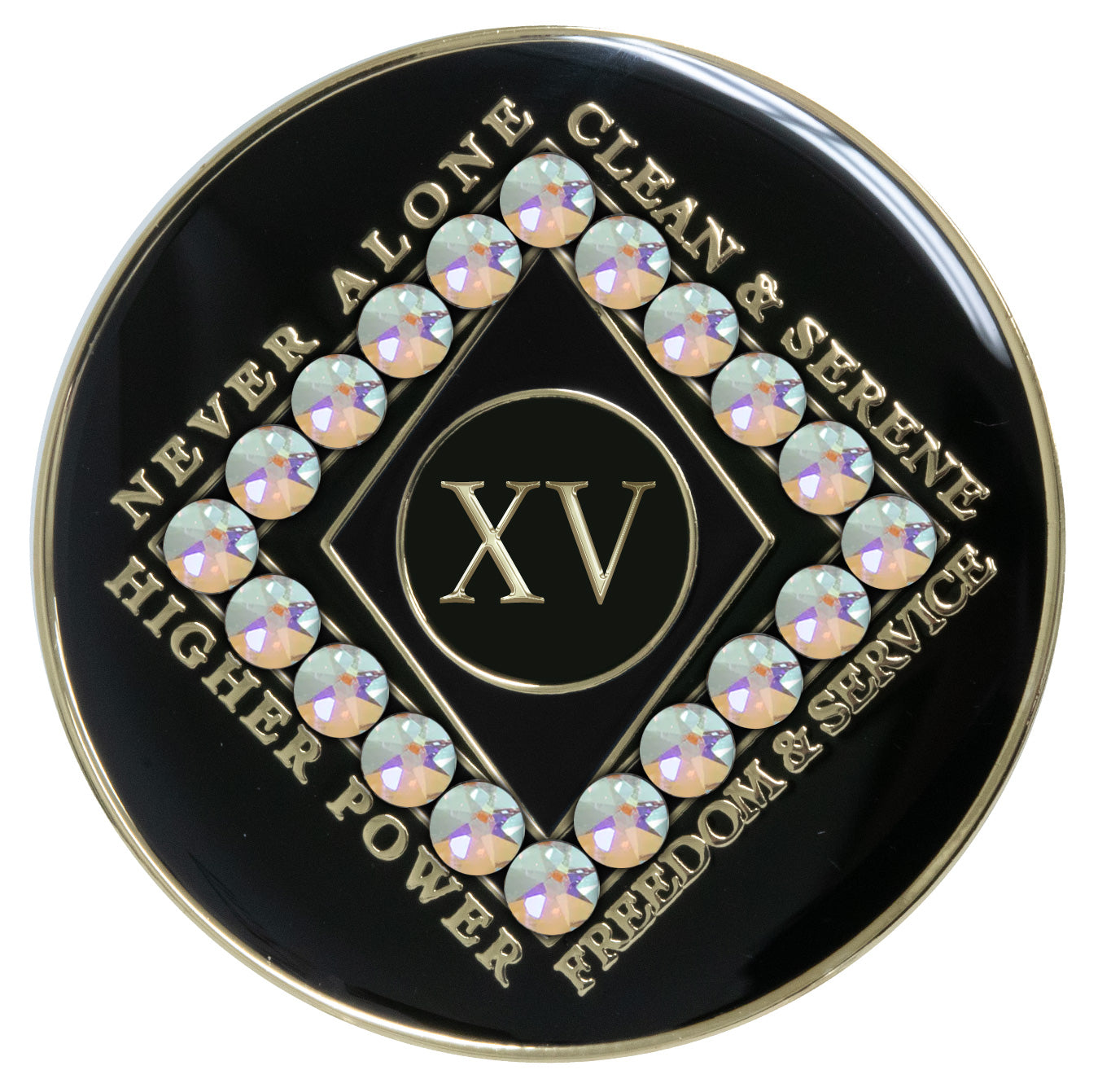 15 year black Onyx Clean time recovery medallion with a diamond shape within a diamond shape for a 3D effect, 20 Aurora Borealis genuine crystals form the outer diamond shape, never alone, clean & serene, Higher Power, freedom & service in 14k gold-plated brass, sealed with resin for a glossy finish that will last and is scratch proof.