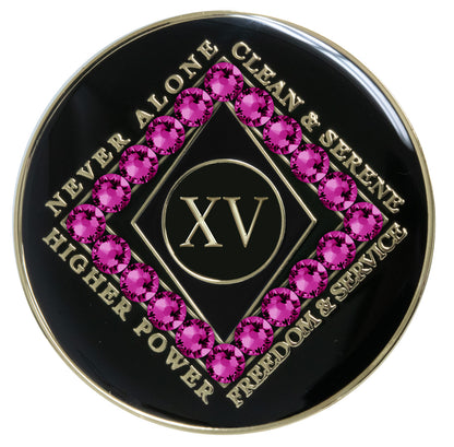 15 year black Onyx Clean time recovery medallion with a diamond shape within a diamond shape for a 3D effect, 20 Fuchsia CZ genuine crystals form the outer diamond shape, never alone, clean & serene, Higher Power, freedom & service in 14k gold-plated brass, sealed with resin for a glossy finish that will last and is scratch proof.