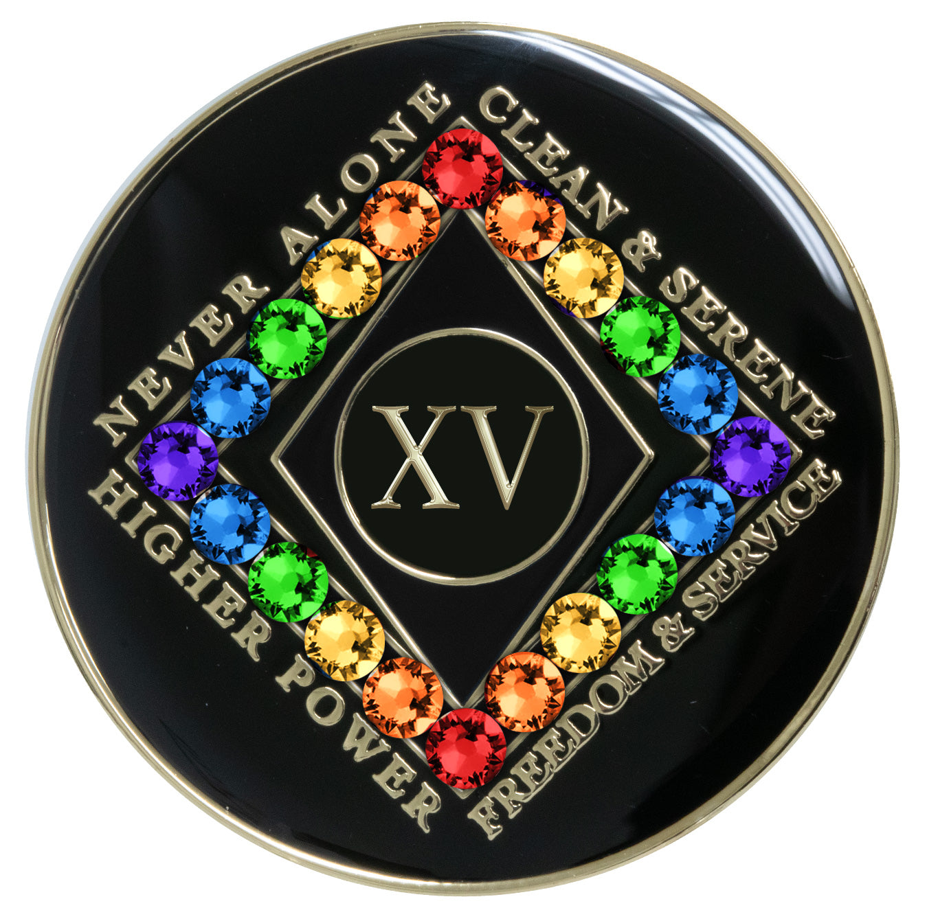 15 year black Onyx Clean time recovery medallion with a diamond shape within a diamond shape for a 3D effect, 20 rainbow CZ genuine crystals form the outer diamond shape, never alone, clean & serene, Higher Power, freedom & service in 14k gold-plated brass, sealed with resin for a glossy finish that will last and is scratch proof.