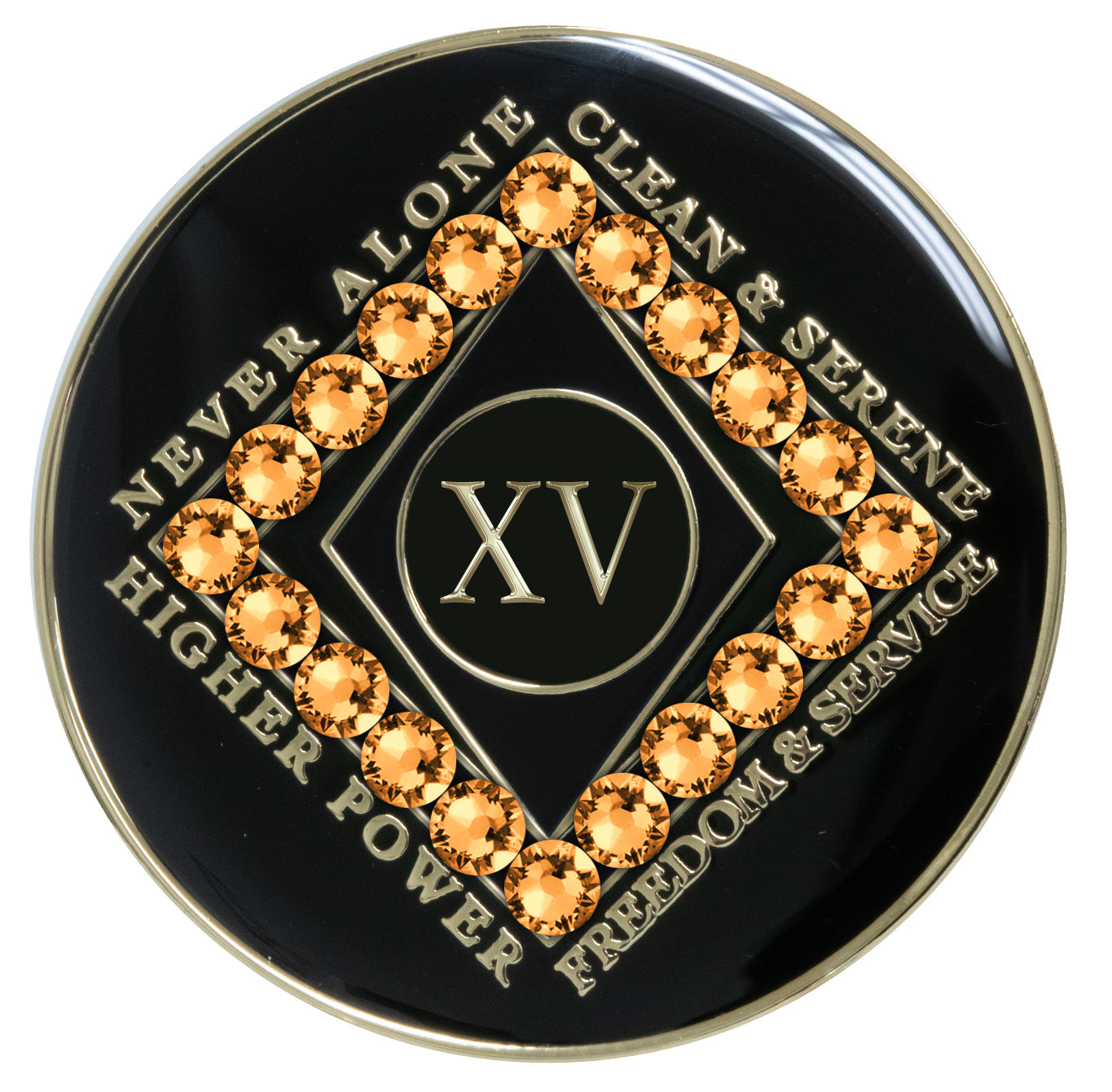 15 year black Onyx Clean time recovery medallion with a diamond shape within a diamond shape for a 3D effect, 20 gold Topaz CZ genuine crystals form the outer diamond shape, never alone, clean & serene, Higher Power, freedom & service in 14k gold-plated brass, sealed with resin for a glossy finish that will last and is scratch proof.