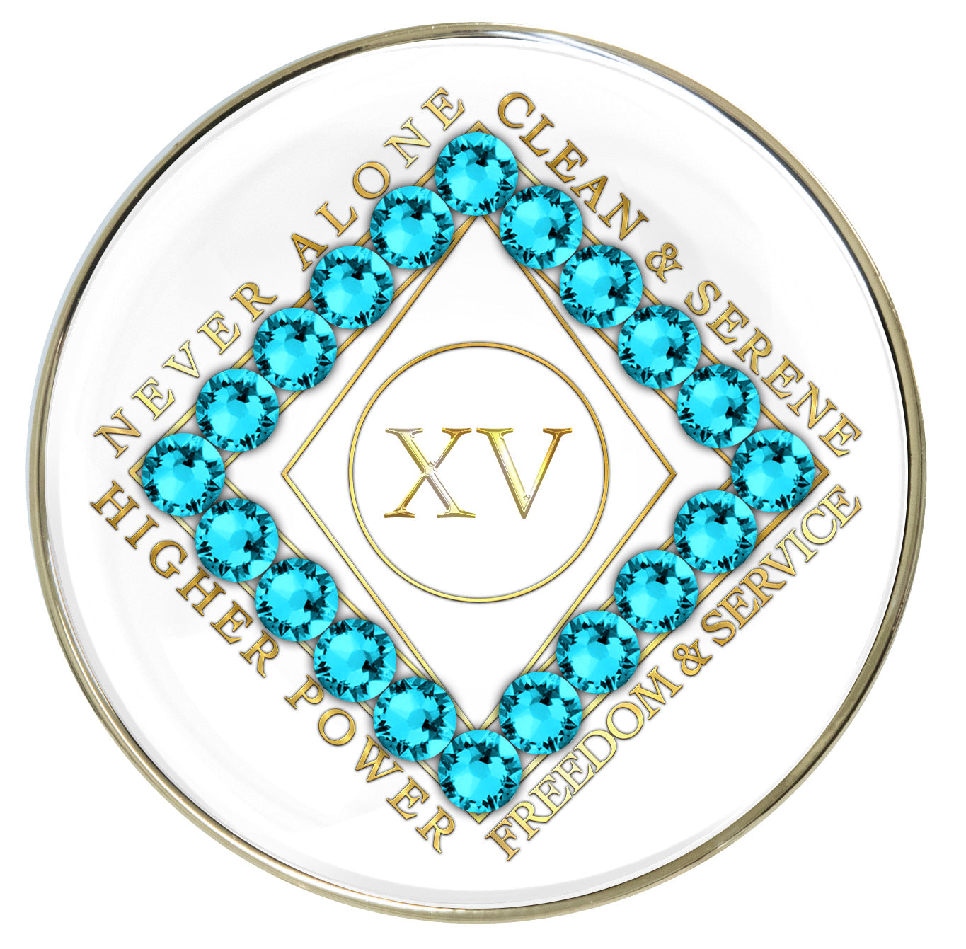White Clean Time Recovery Medallion with Aqua Zircon Crystals