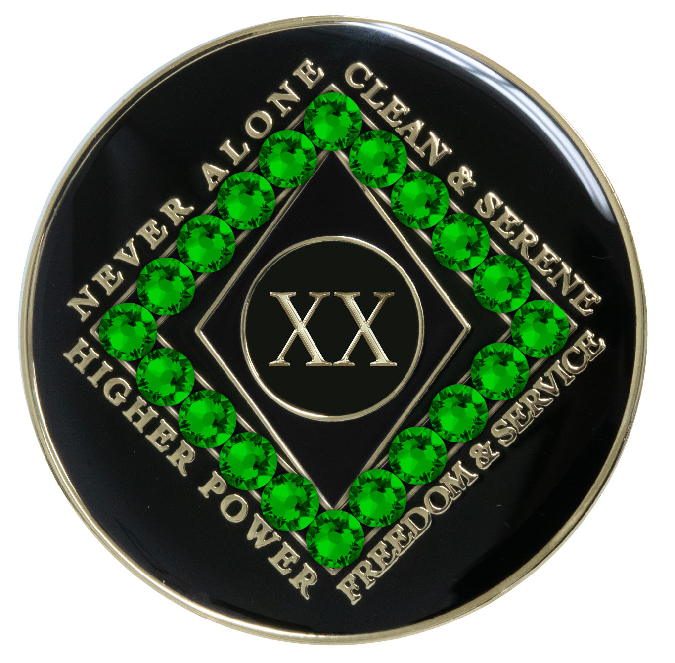 20 year black Onyx Clean time recovery medallion with a diamond shape within a diamond shape for a 3D effect, 20 Fern green CZ genuine crystals form the outer diamond shape, never alone, clean & serene, Higher Power, freedom & service in 14k gold-plated brass, sealed with resin for a glossy finish that will last and is scratch proof.