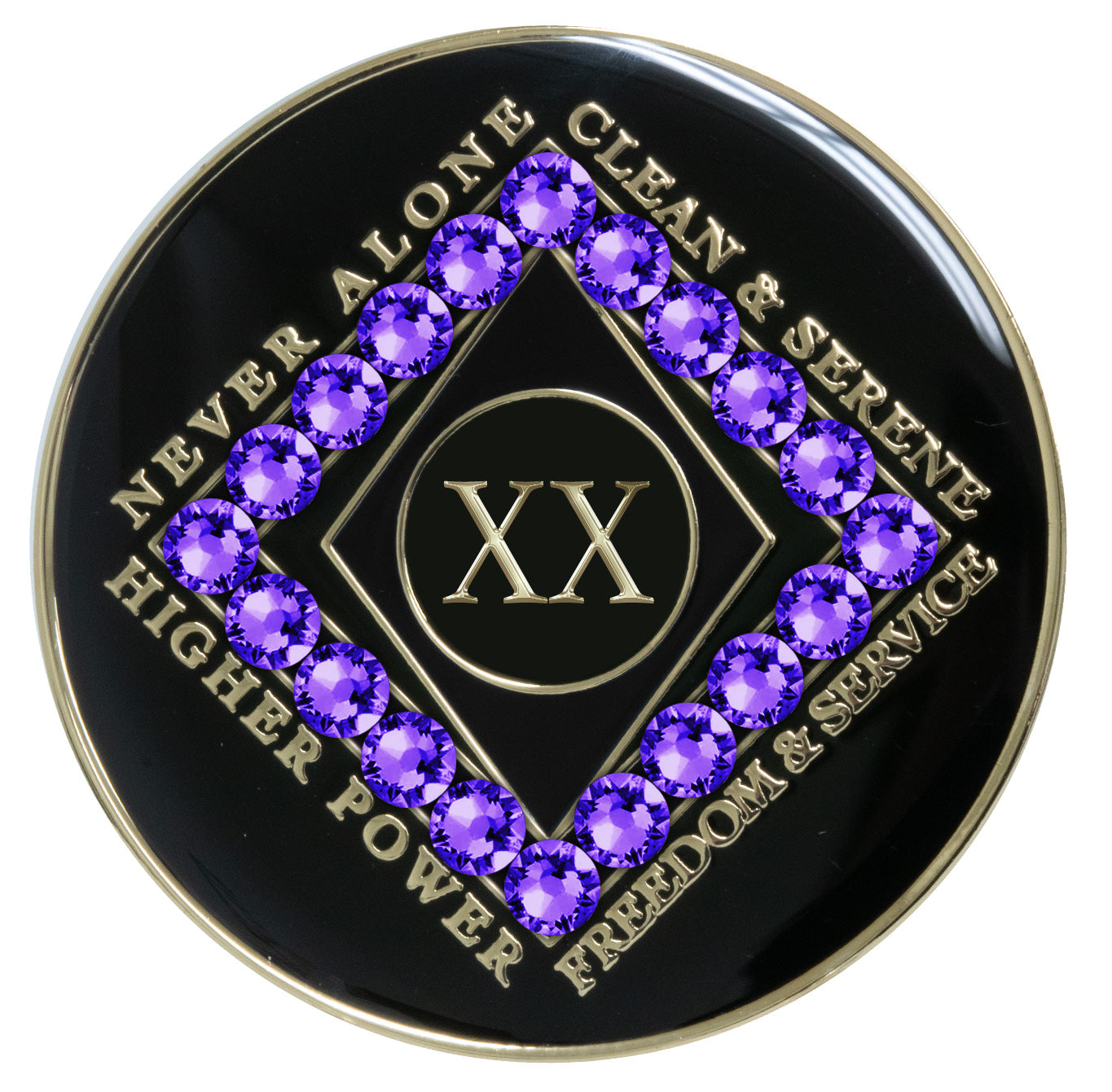 20 year black Onyx Clean time recovery medallion with a diamond shape within a diamond shape for a 3D effect, 20 purple velvet CZ genuine crystals form the outer diamond shape, never alone, clean & serene, Higher Power, freedom & service in 14k gold-plated brass, sealed with resin for a glossy finish that will last and is scratch proof.