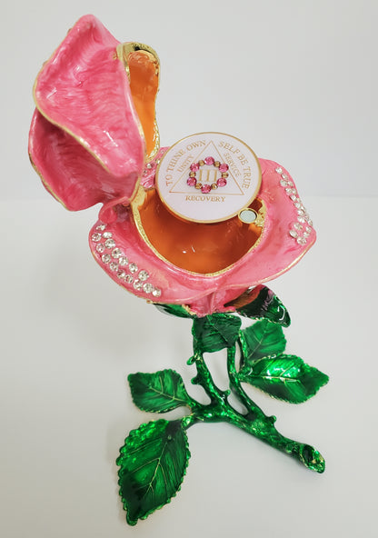 Pink Rose Collector Bling Box/Sobriety Chip Holder (with "Bloom" Chip)