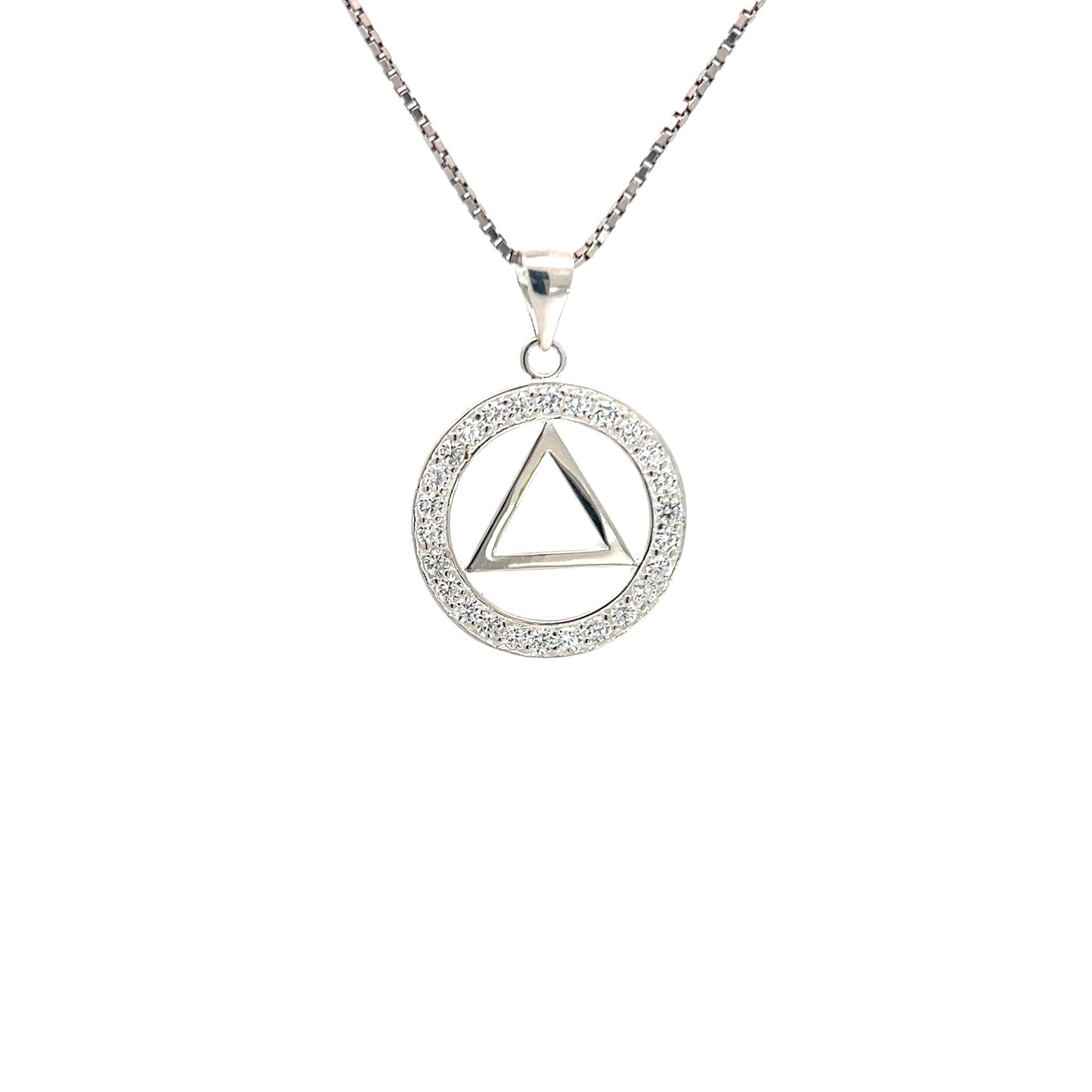 Alcoholics Anonymous (AA) Symbol Pendant in Circle of Crystals – Sterling Silver, Medium Size