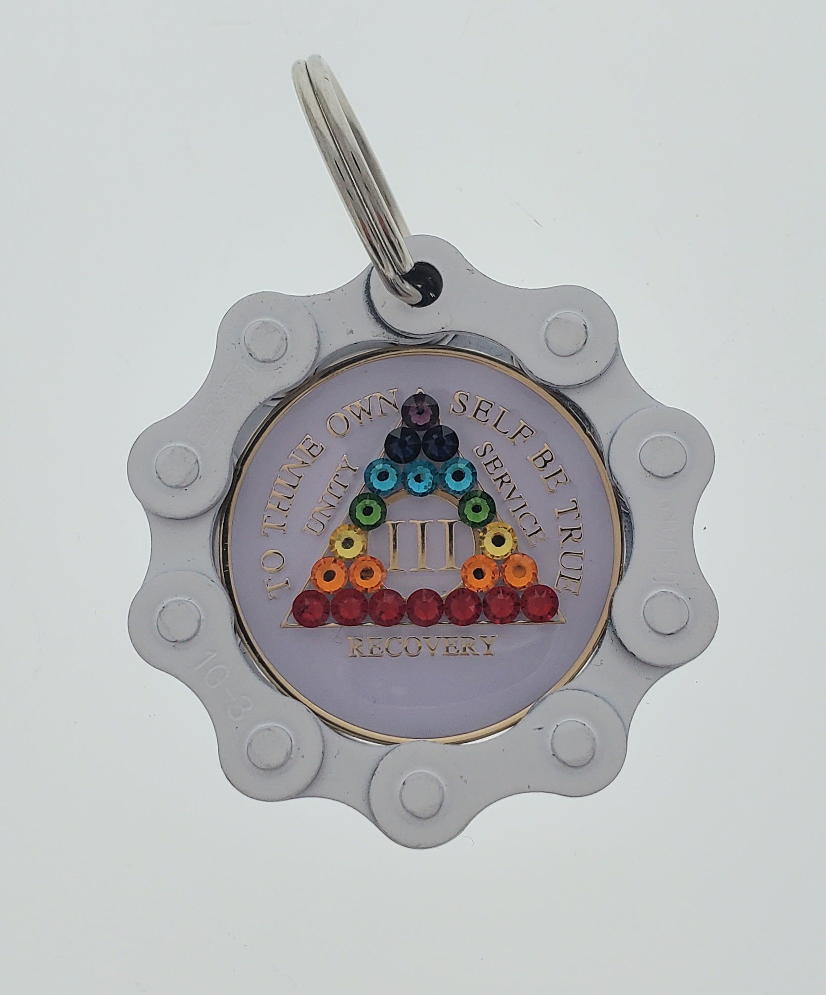 White Bike Chain recovery medallion Holder with silver key ring, featured with white AA recovery LBGTQIA+ medallion. 