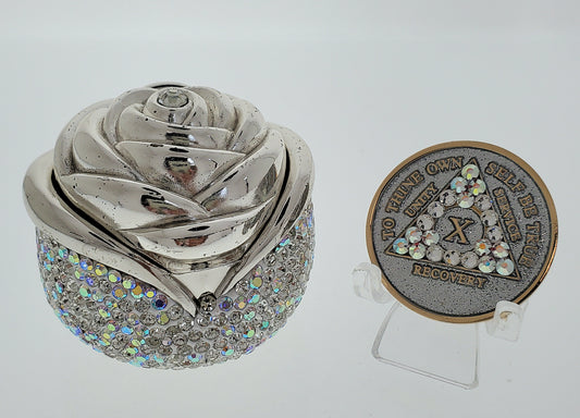 Rose Box Chip Holder with matching Medallion (Diamond Like Aurora Borealis)