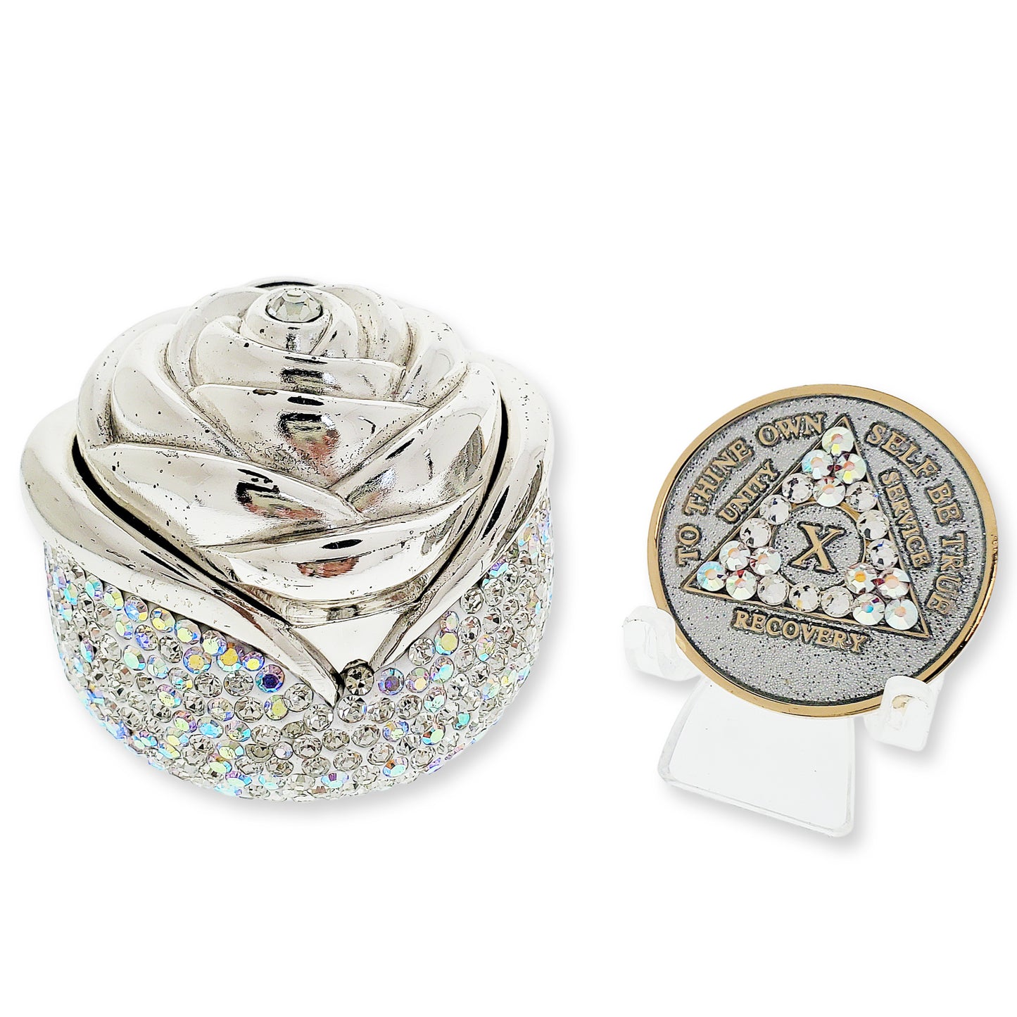 Rose Box Chip Holder with matching Medallion (Diamond Like Aurora Borealis)