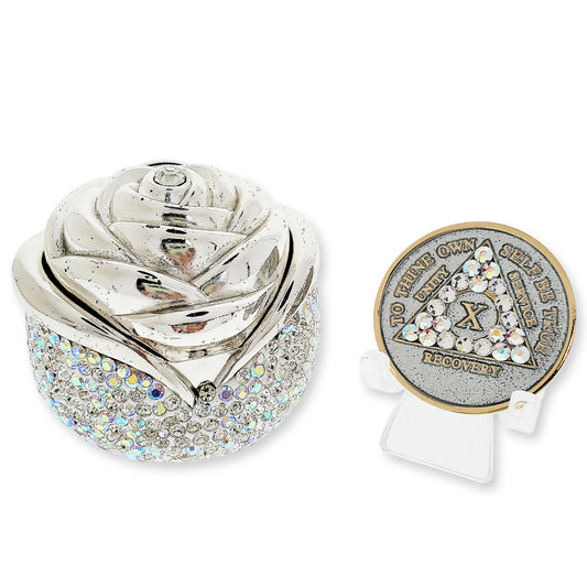 Rose Box Chip Holder with matching Medallion (Diamond Like Aurora Borealis)