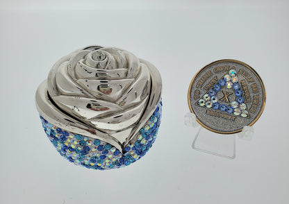 Rose Box Chip Holder with matching Medallion (Blue and Clear Aurora Borealis)