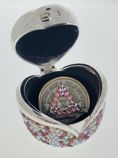 Rose Box Chip Holder with matching Medallion (Pink and Clear Aurora Borealis)