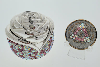Rose Box Chip Holder with matching Medallion (Pink and Clear Aurora Borealis)